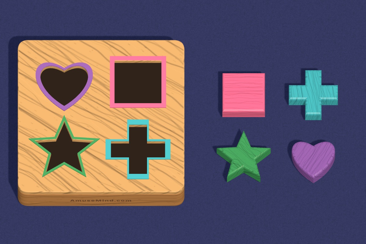 Shape Sorter: a wooden box with shaped holes and painted shapes beside it